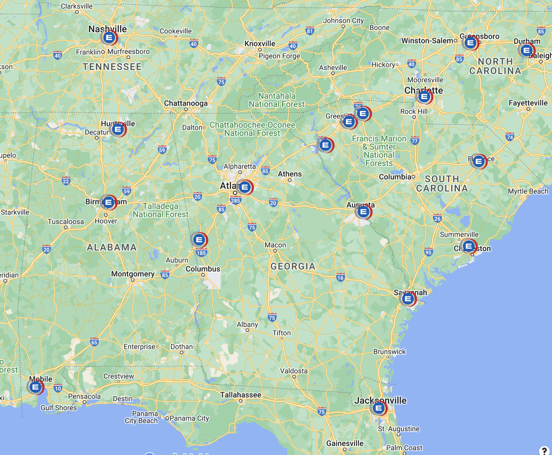 Picture of Southeastern United States with location markers