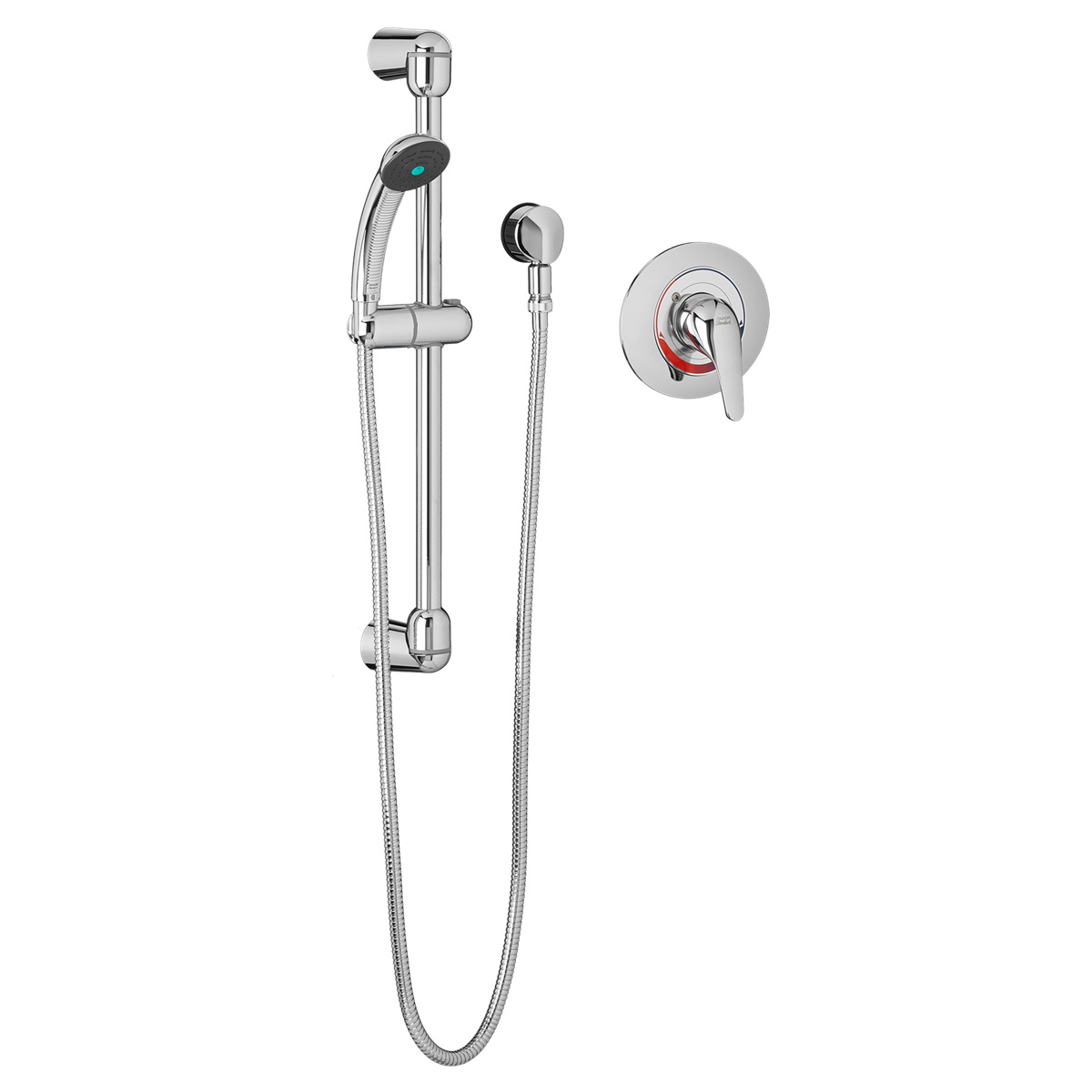 1662.601.002 AM.STD CHR COMPLETE SHOWER SYSTEM KIT w/FIXED HANDSHOWER, HOSE, WALL SUPPLY, STD SLIDE BAR, COLONY VALVE TRIM, R110SS VALVE W/STOP, & IN-LINE VB