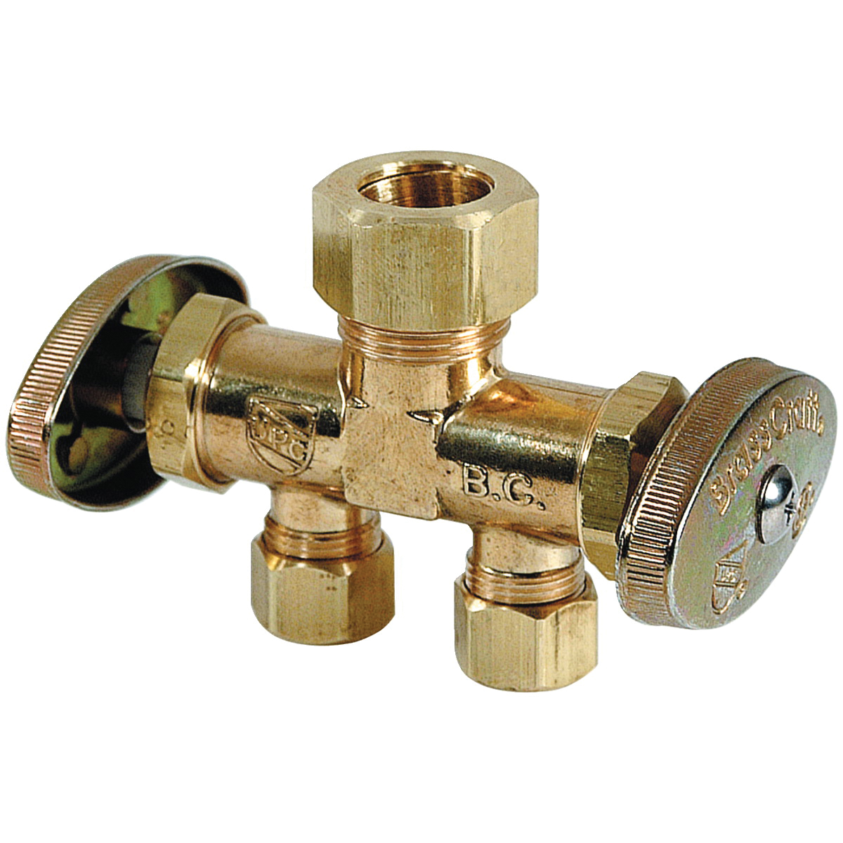 CR1901DVSXR BRASSCARFT 1/2 COMP X 3/8 COMP X 3/8 COMP DUAL STRAIGHT STOP - LEAD FREE
