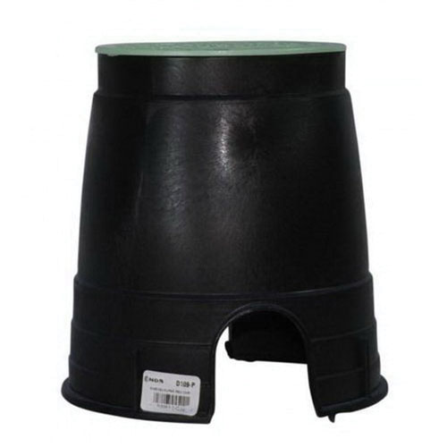 6" NDS D109-G ROUND VLV BOX : BLK BOX W/GRN COVER , BOX DIM'S: 6-1/2 TOP x 8-12 BOT x 9 H
